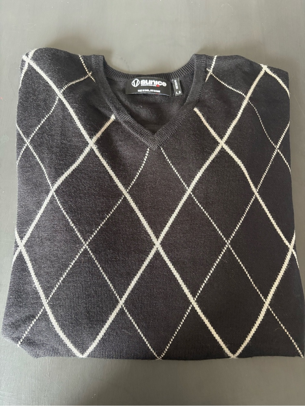 Sunice Men's Black V-Neck Argyle Sweater with White Diamonds